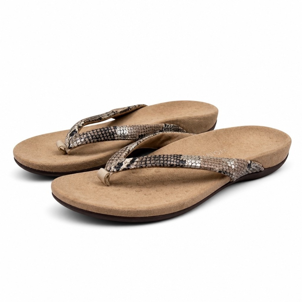 Vionic Dillon Womens 12 Tan Snakeskin Thong Sandals Arch Support Comfort Boho